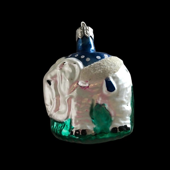 POLAND Blown Glass Christmas Ornament ELEPHANT Blue and Green White Flocked - Picture 7 of 8